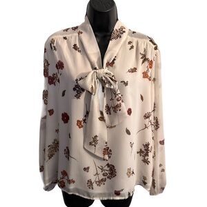 Ann Taylor Factory Ivory Floral Blouse with Neck Tie